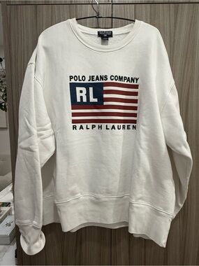 Vintage 90s Polo Jeans Co Ralph Lauren Flag Crewneck Sweatshirt - Size L - White